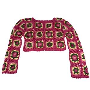 Dress Up Crochet Granny Square Sweater Pink Yellow Green Long Sleeve Crop Top S